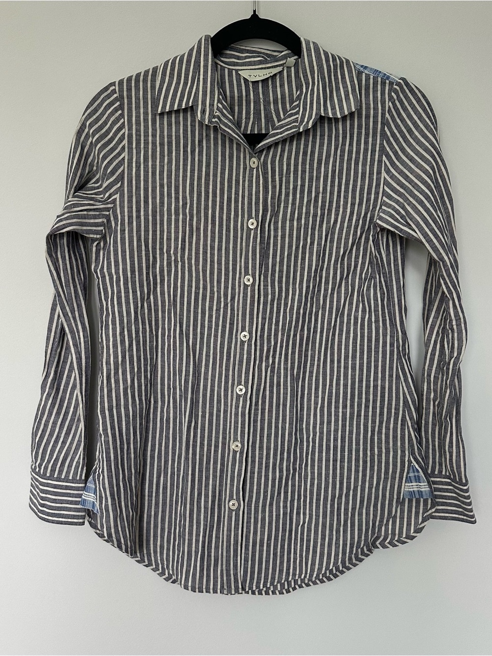 Tylho Gray White Vertical Striped Linen Blend Button Down Shirt Long Sleeve XS